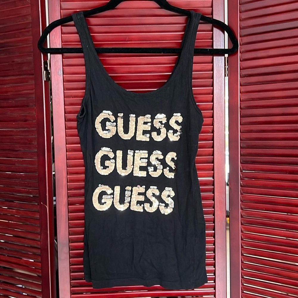 Guess scoop neck logo tank top with gold sequins